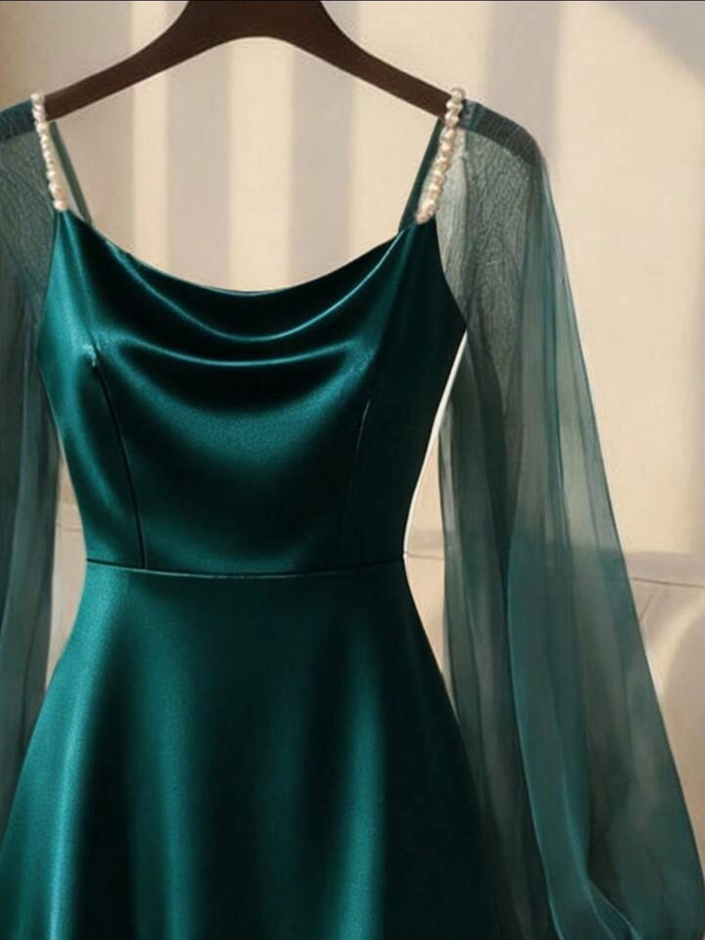 Pearl-Strap Emerald Satin Midi Dress with Sheer Bishop Sleeves - Picture 3 of 5